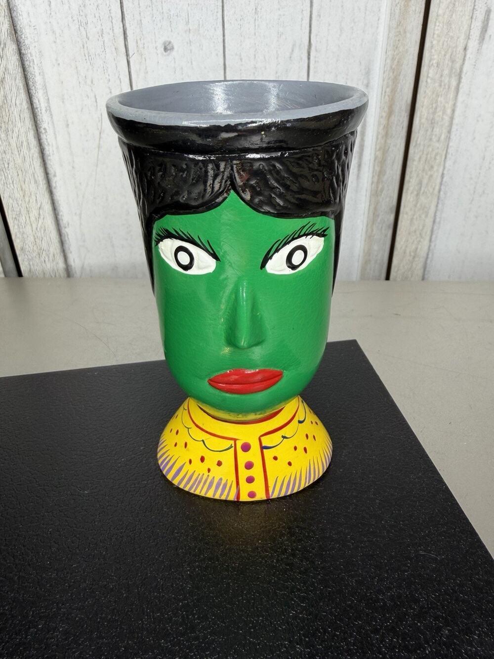 Guatemalan Folk Art Human Race Project Hand Painted Face Vase Green Unique